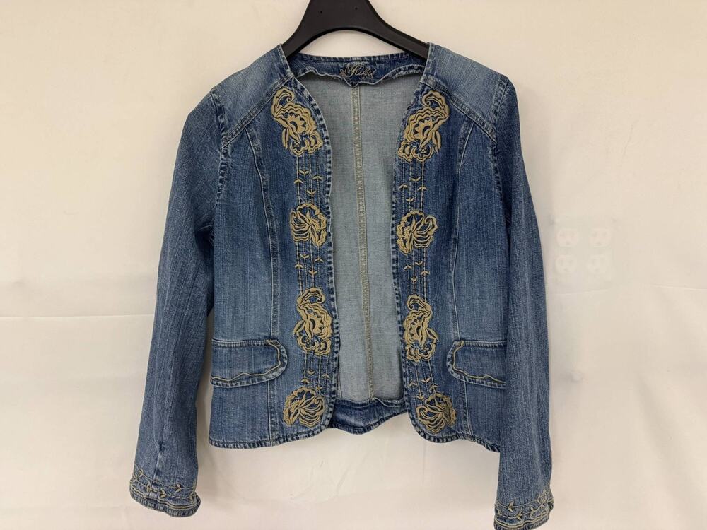 Kikit Womens Denim Jacket Large Blue Embroidered Floral Cotton Blend Open Front